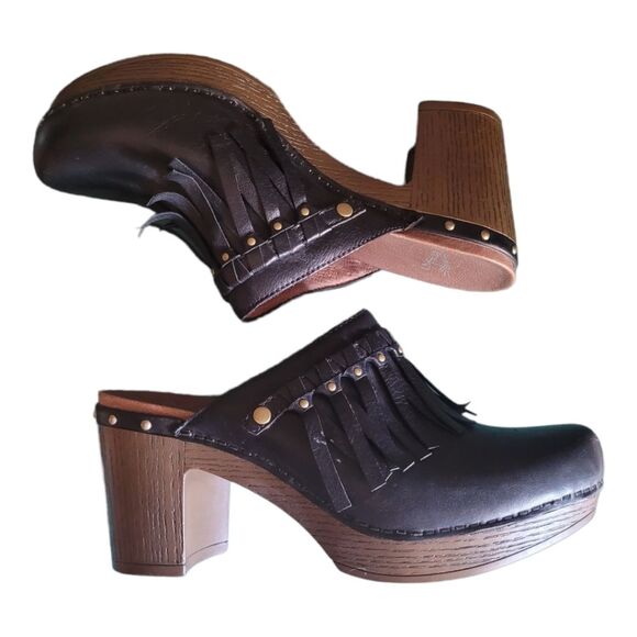 DANSKO ' DENI ' LEATHER MULES FRINGE STUDDED BLOCK HEEL CLOGS SHOES WOMENS 39 - Picture 4 of 9